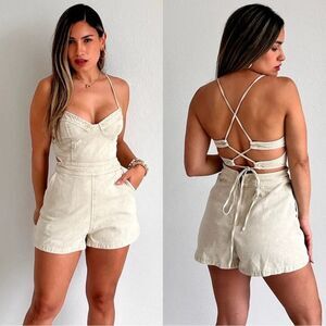 Mustard Seed Women’s Open Back Denim Romper Cream Small NWT